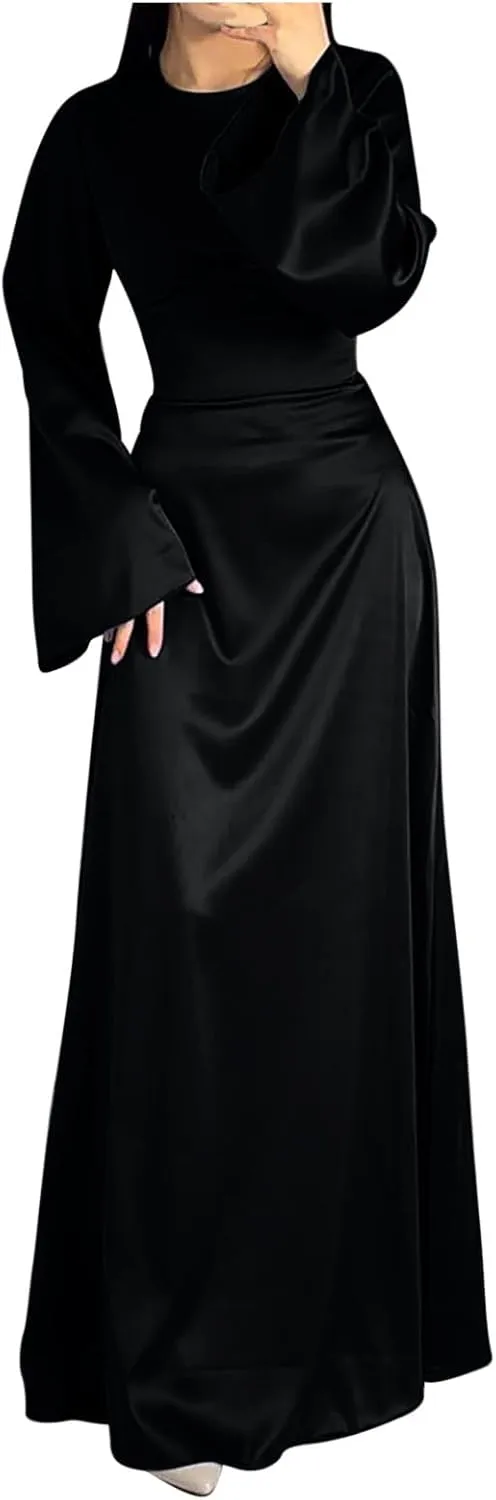 Women's Slip Satin Maxi Dress Elegant Empire Waist Long Dress Full Length Abaya Kaftan Dresses Islamic Robe Dresses