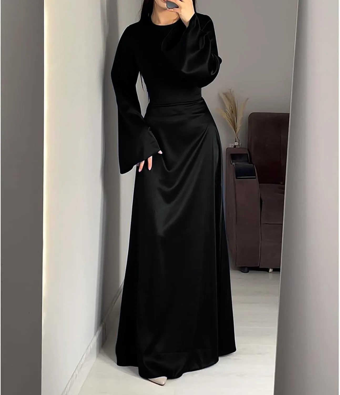 Women's Slip Satin Maxi Dress Elegant Empire Waist Long Dress Full Length Abaya Kaftan Dresses Islamic Robe Dresses