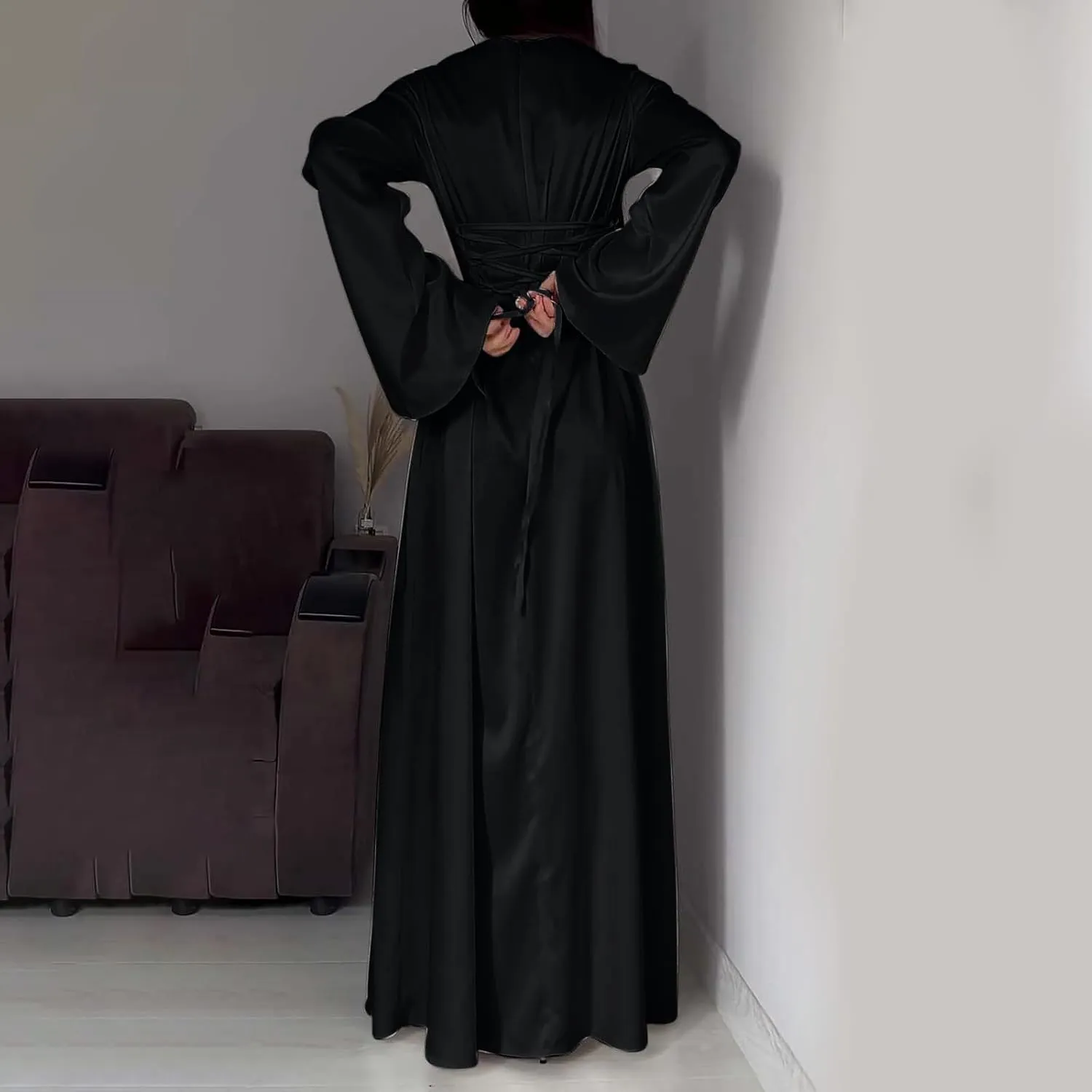 Women's Slip Satin Maxi Dress Elegant Empire Waist Long Dress Full Length Abaya Kaftan Dresses Islamic Robe Dresses
