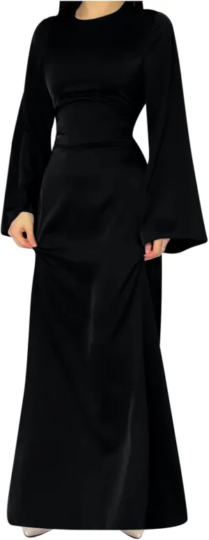 Women's Slip Satin Maxi Dress Elegant Empire Waist Long Dress Full Length Abaya Kaftan Dresses Islamic Robe Dresses