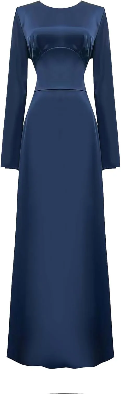 Women's Slip Satin Maxi Dress Elegant Empire Waist Long Dress Full Length Abaya Kaftan Dresses Islamic Robe Dresses