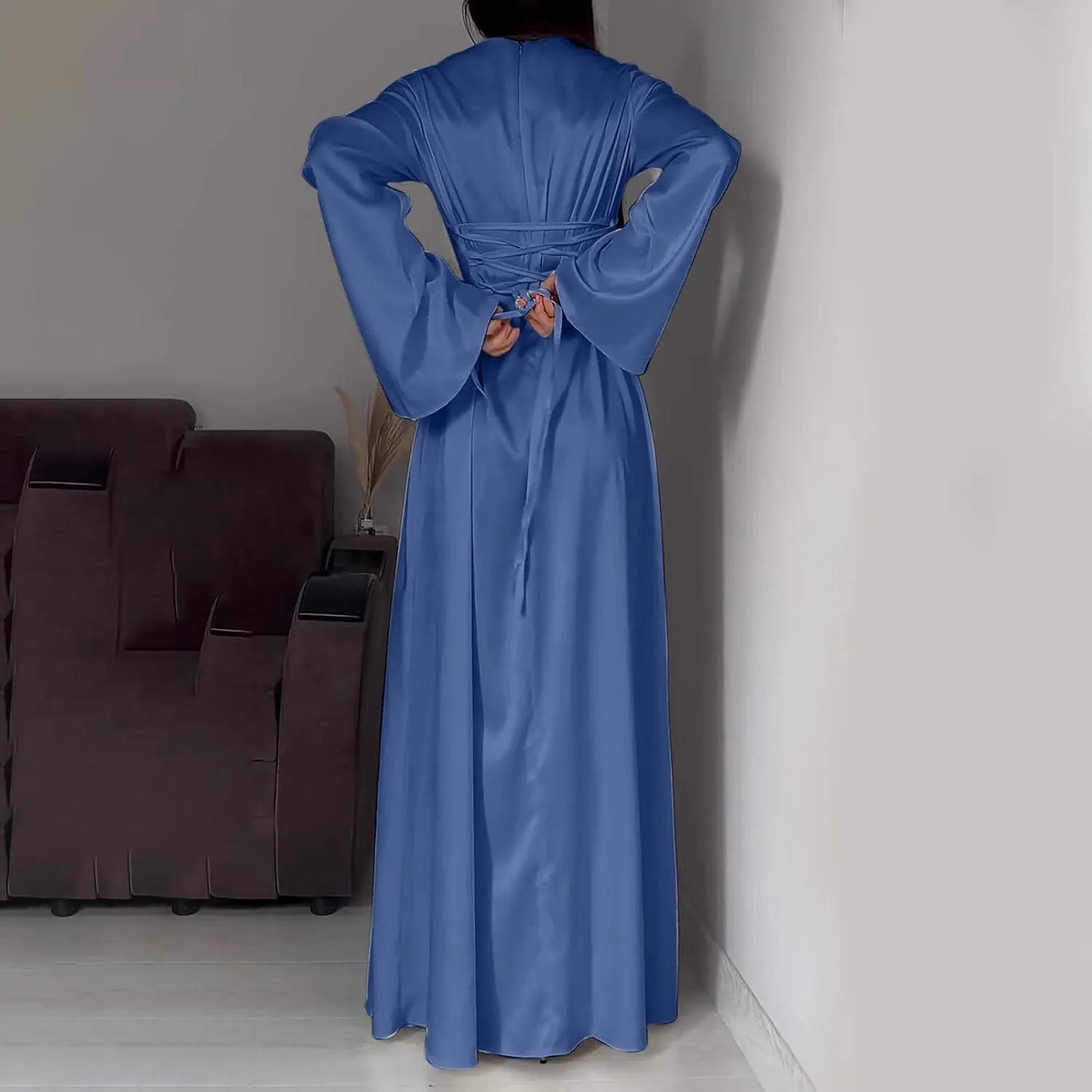 Women's Slip Satin Maxi Dress Elegant Empire Waist Long Dress Full Length Abaya Kaftan Dresses Islamic Robe Dresses