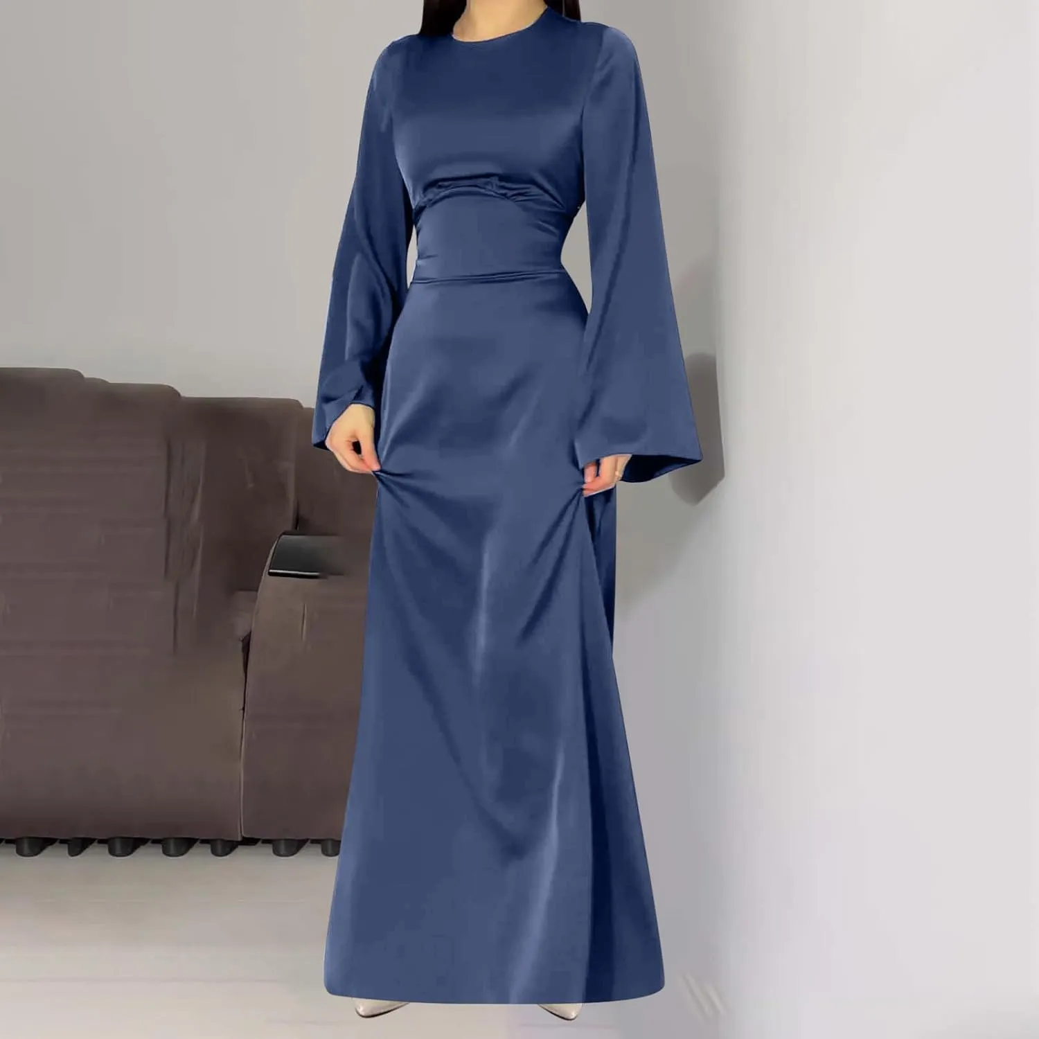 Women's Slip Satin Maxi Dress Elegant Empire Waist Long Dress Full Length Abaya Kaftan Dresses Islamic Robe Dresses