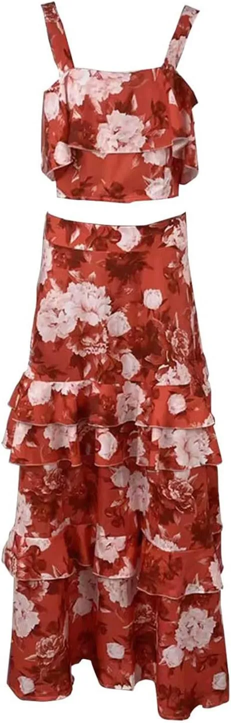 Women's Summer 2 Piece Outfits Floral Print Strap Crop Tops Tiered Ruffle Skirt Sets Boho Beach Maxi Long Dress