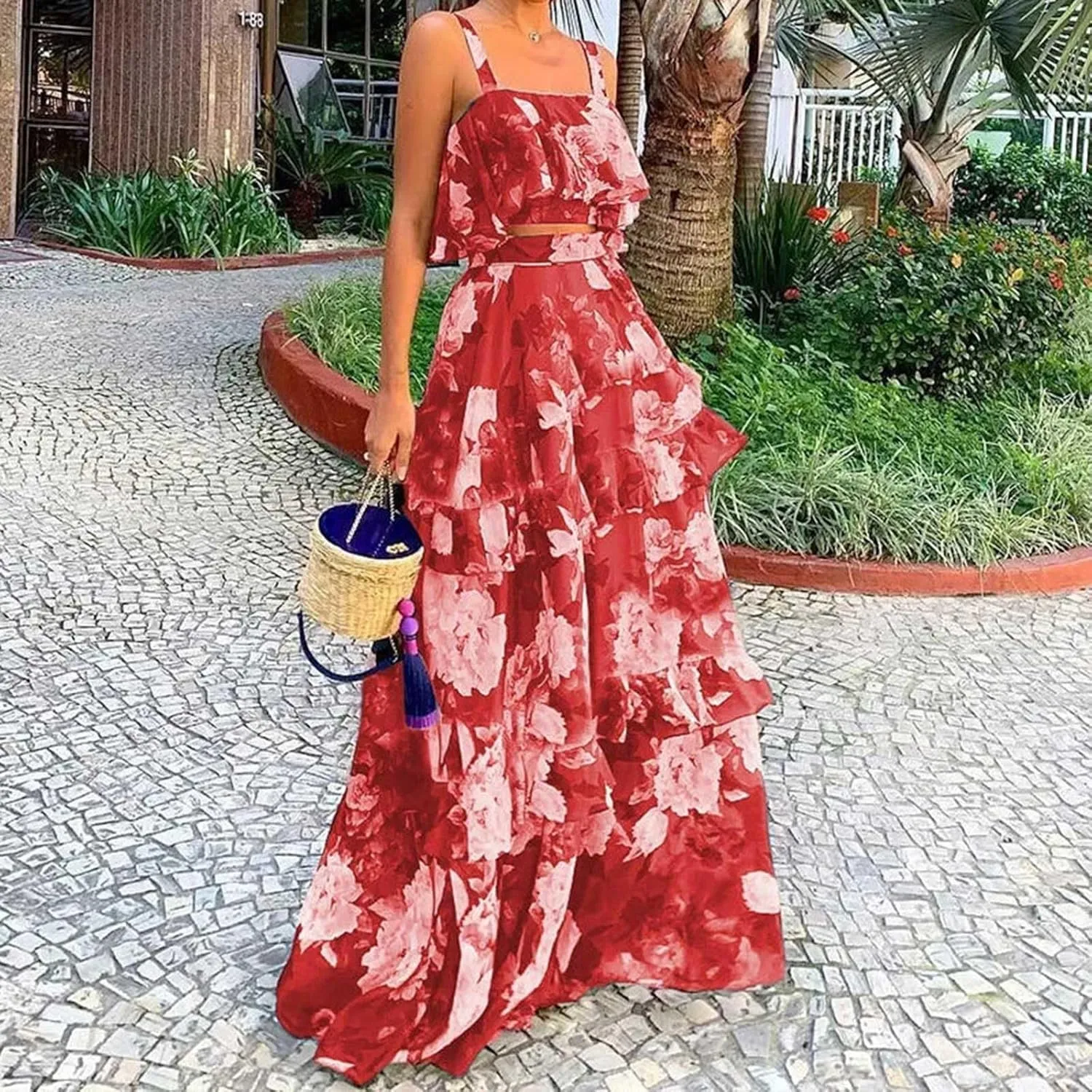 Women's Summer 2 Piece Outfits Floral Print Strap Crop Tops Tiered Ruffle Skirt Sets Boho Beach Maxi Long Dress