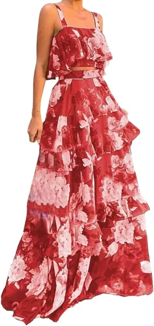 Women's Summer 2 Piece Outfits Floral Print Strap Crop Tops Tiered Ruffle Skirt Sets Boho Beach Maxi Long Dress
