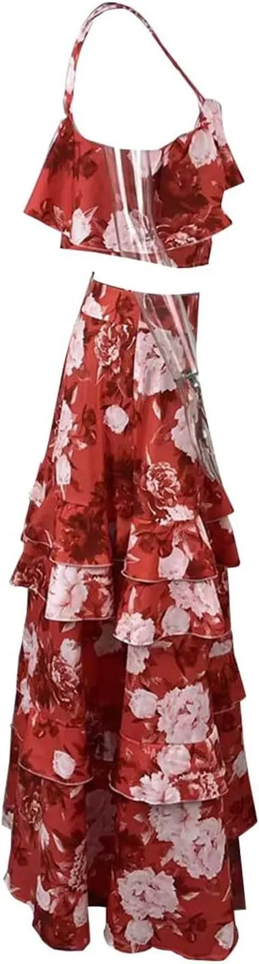 Women's Summer 2 Piece Outfits Floral Print Strap Crop Tops Tiered Ruffle Skirt Sets Boho Beach Maxi Long Dress