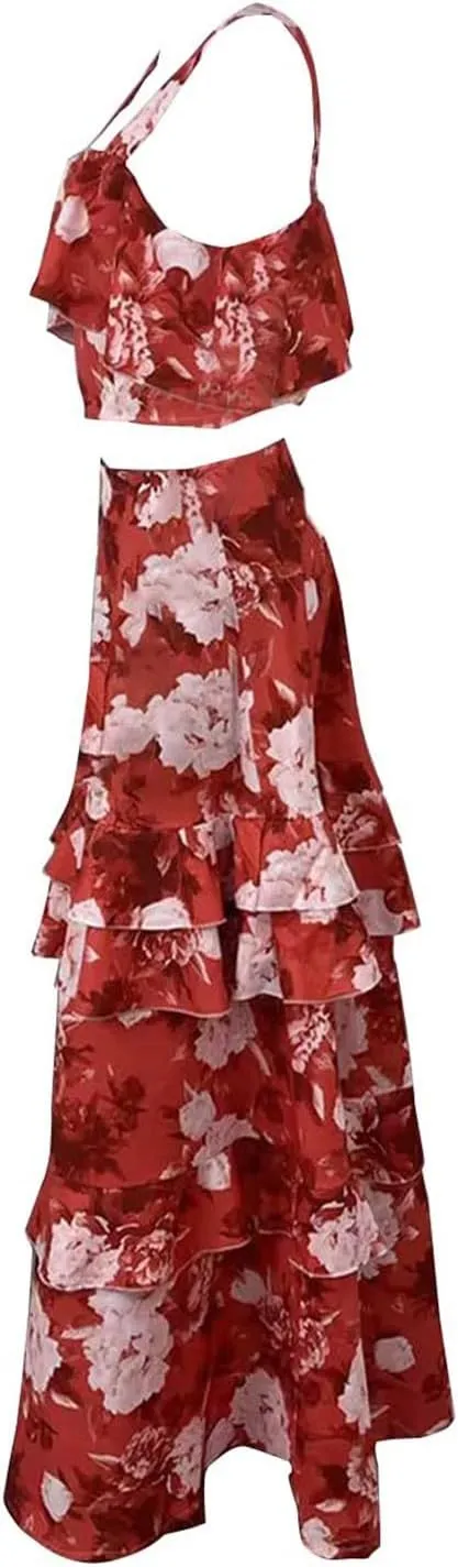 Women's Summer 2 Piece Outfits Floral Print Strap Crop Tops Tiered Ruffle Skirt Sets Boho Beach Maxi Long Dress