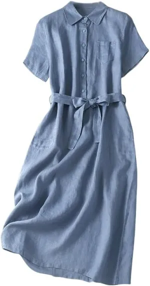 Women's Summer Literary Retro Loose Fit Solid Color Lapel Long Short Sleeve Dress for Casual Art Home