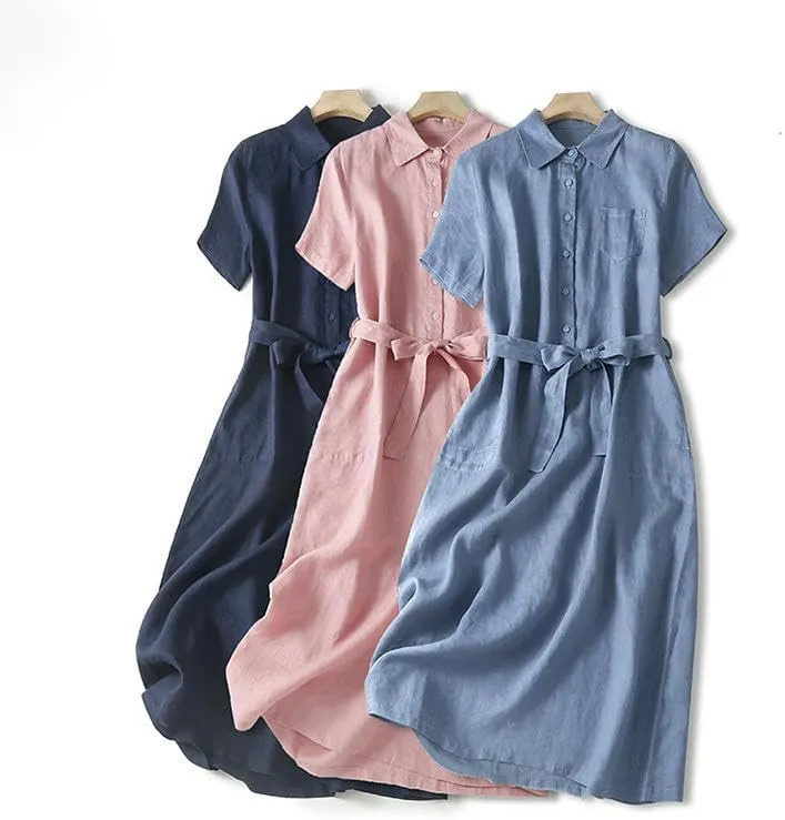 Women's Summer Literary Retro Loose Fit Solid Color Lapel Long Short Sleeve Dress for Casual Art Home