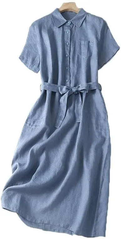 Women's Summer Literary Retro Loose Fit Solid Color Lapel Long Short Sleeve Dress for Casual Art Home