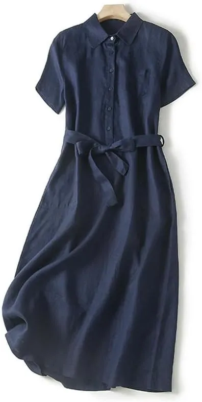 Women's Summer Literary Retro Loose Fit Solid Color Lapel Long Short Sleeve Dress for Casual Art Home