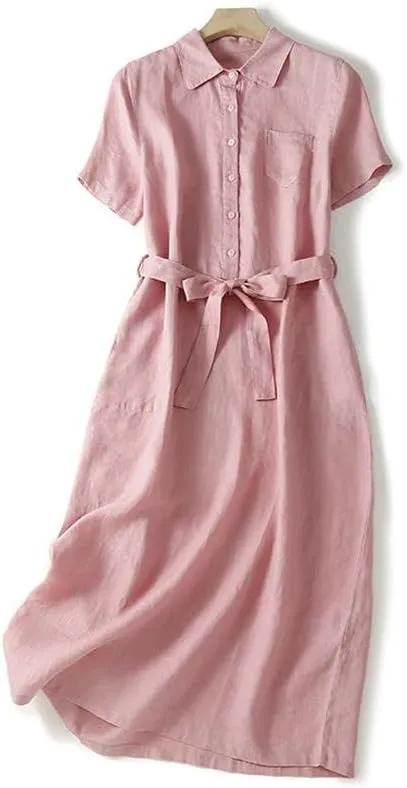 Women's Summer Literary Retro Loose Fit Solid Color Lapel Long Short Sleeve Dress for Casual Art Home