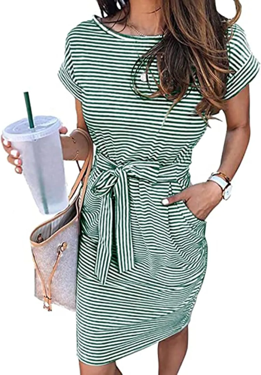 Women's Summer Striped Short Sleeve T Shirt Dress 2025 Loose Mini Dress Tie Waist Office Dresses with Pockets
