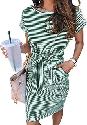 Women's Summer Striped Short Sleeve T Shirt Dress 2025 Loose Mini Dress Tie Waist Office Dresses with Pockets
