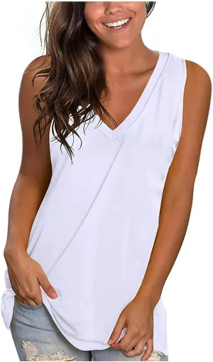Womens Summer Tank Tops V Neck Sleeveless T Shirts Loose Fit Flowy Tshirt Plus Size Solid Casual Basic Tee Blouses