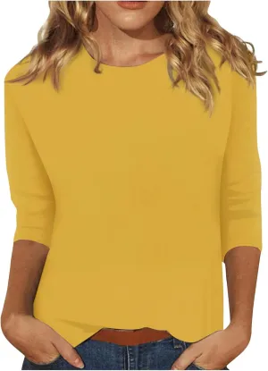 Womens Summer Tops 2023, Women Casual 3/4 Sleeve Plus Size Solid T-Shirts Crewneck/V-Neck Trendy Hawaiian Tops