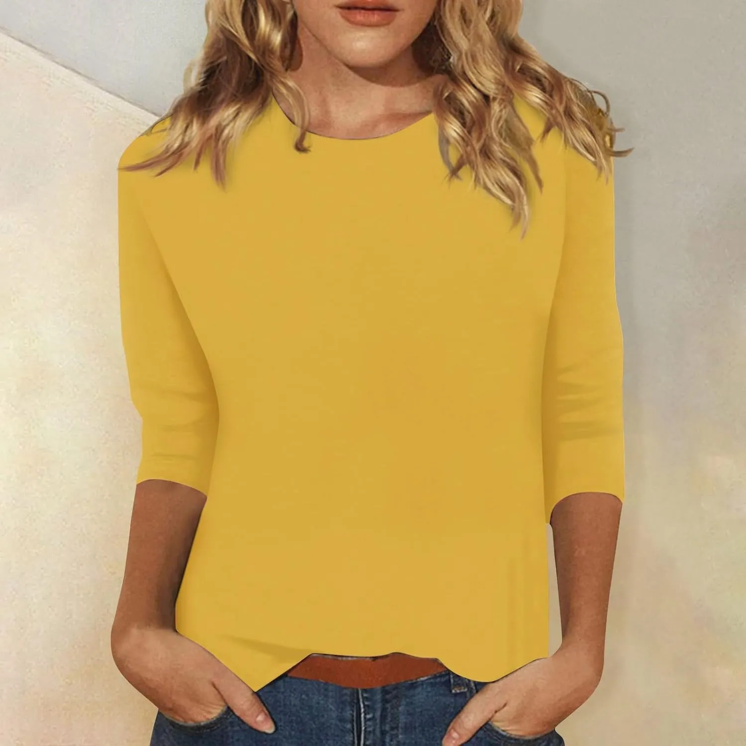 Womens Summer Tops 2023, Women Casual 3/4 Sleeve Plus Size Solid T-Shirts Crewneck/V-Neck Trendy Hawaiian Tops