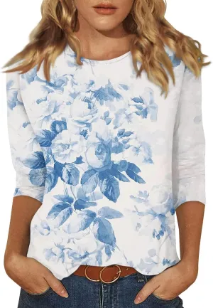 Womens Summer Tops 2024 Trendy 3/4 Sleeve Oversized Tshirts Blouses Tunics, Small-5X-Large