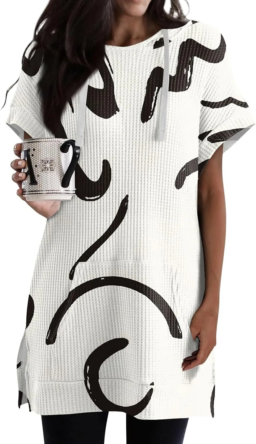 Womens Summer Waffle Short Sleeve Long Shrits With Pockets Oversized Hoodies Tunics Or Tops To Wear With Leggings