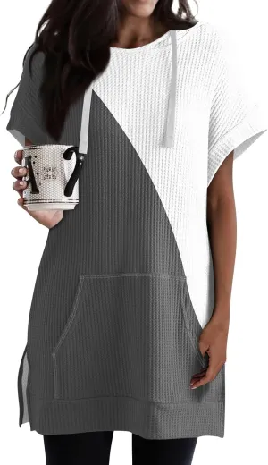 Womens Summer Waffle Short Sleeve Long Shrits With Pockets Oversized Hoodies Tunics Or Tops To Wear With Leggings
