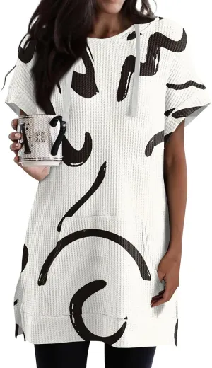 Womens Summer Waffle Short Sleeve Long Shrits With Pockets Oversized Hoodies Tunics Or Tops To Wear With Leggings