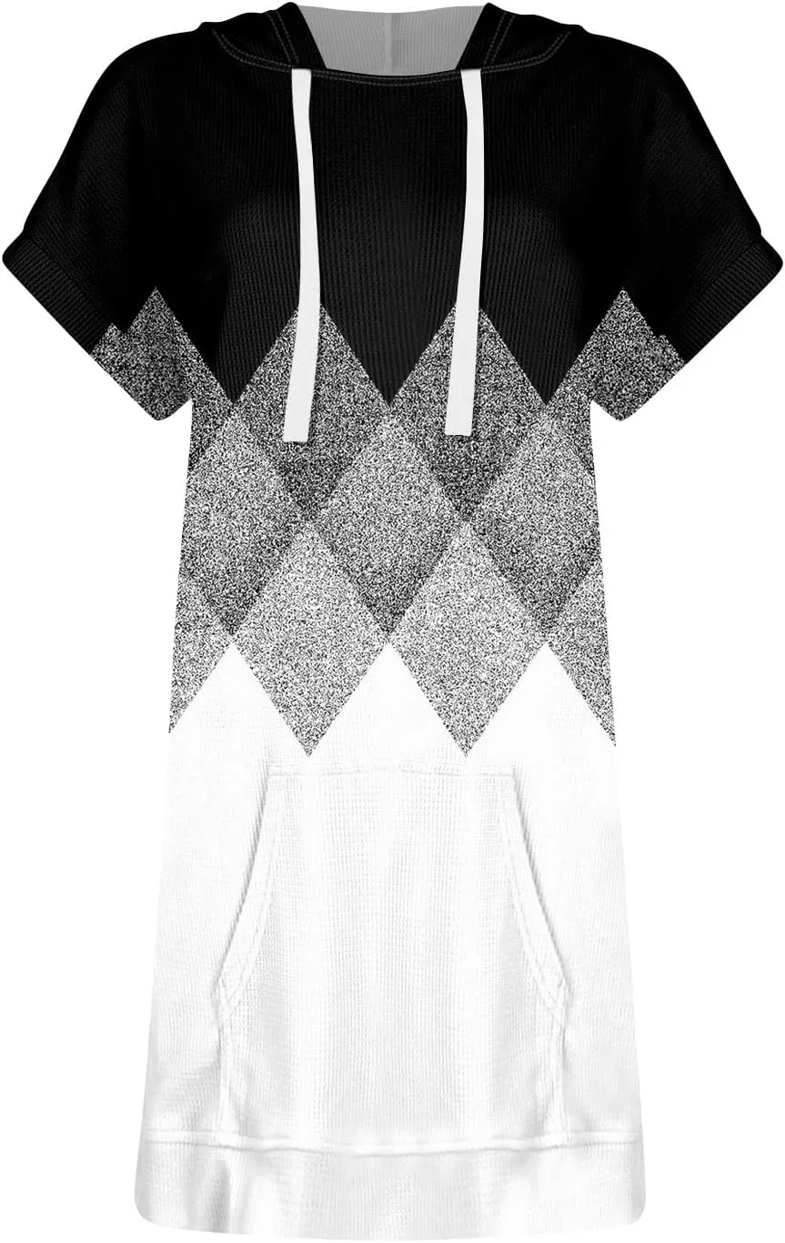 Womens Summer Waffle Short Sleeve Long Shrits With Pockets Oversized Hoodies Tunics Or Tops To Wear With Leggings