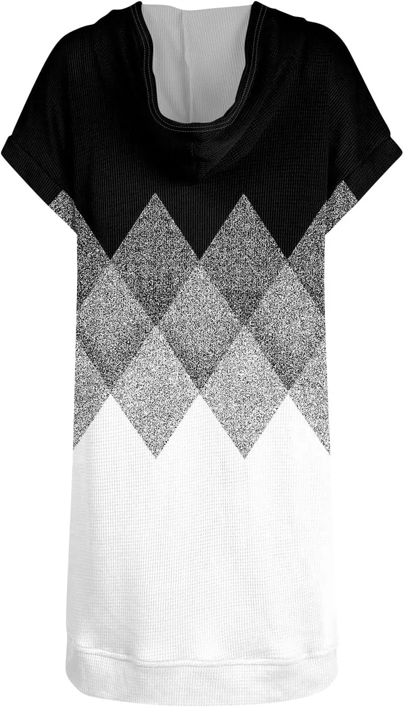 Womens Summer Waffle Short Sleeve Long Shrits With Pockets Oversized Hoodies Tunics Or Tops To Wear With Leggings