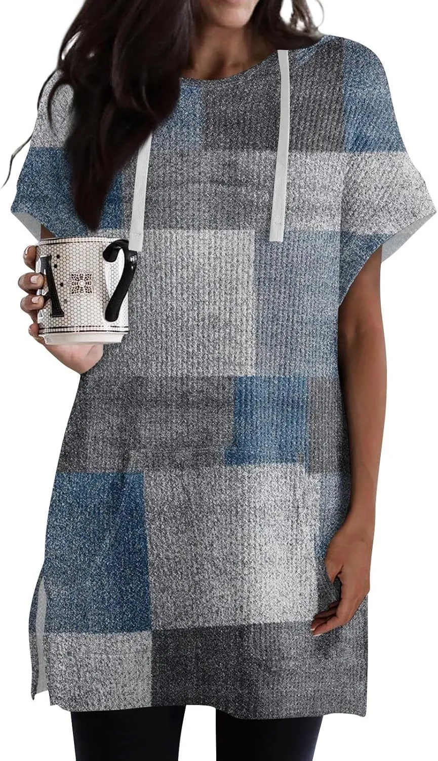 Womens Summer Waffle Short Sleeve Long Shrits With Pockets Oversized Hoodies Tunics Or Tops To Wear With Leggings
