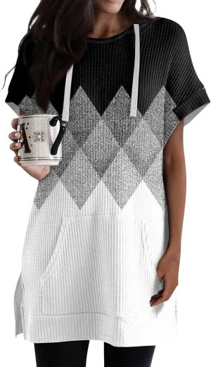 Womens Summer Waffle Short Sleeve Long Shrits With Pockets Oversized Hoodies Tunics Or Tops To Wear With Leggings