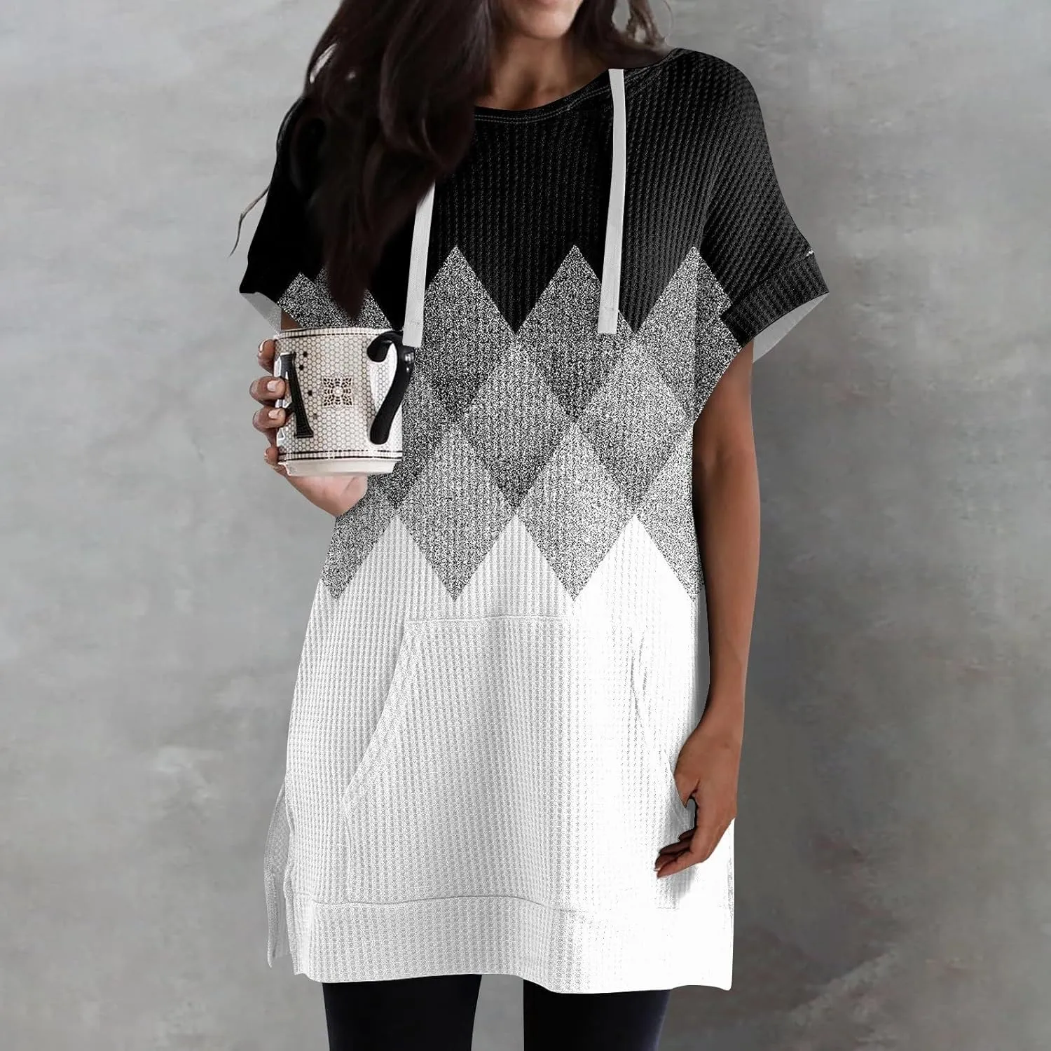 Womens Summer Waffle Short Sleeve Long Shrits With Pockets Oversized Hoodies Tunics Or Tops To Wear With Leggings