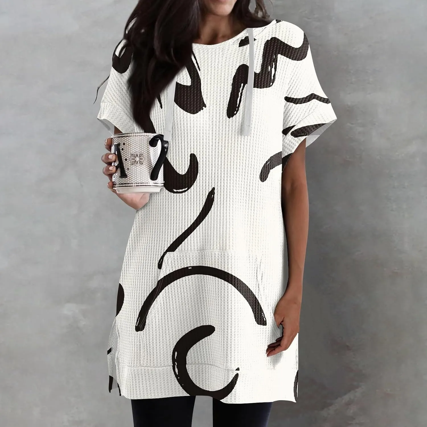 Womens Summer Waffle Short Sleeve Long Shrits With Pockets Oversized Hoodies Tunics Or Tops To Wear With Leggings
