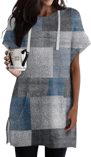 Womens Summer Waffle Short Sleeve Long Shrits With Pockets Oversized Hoodies Tunics Or Tops To Wear With Leggings