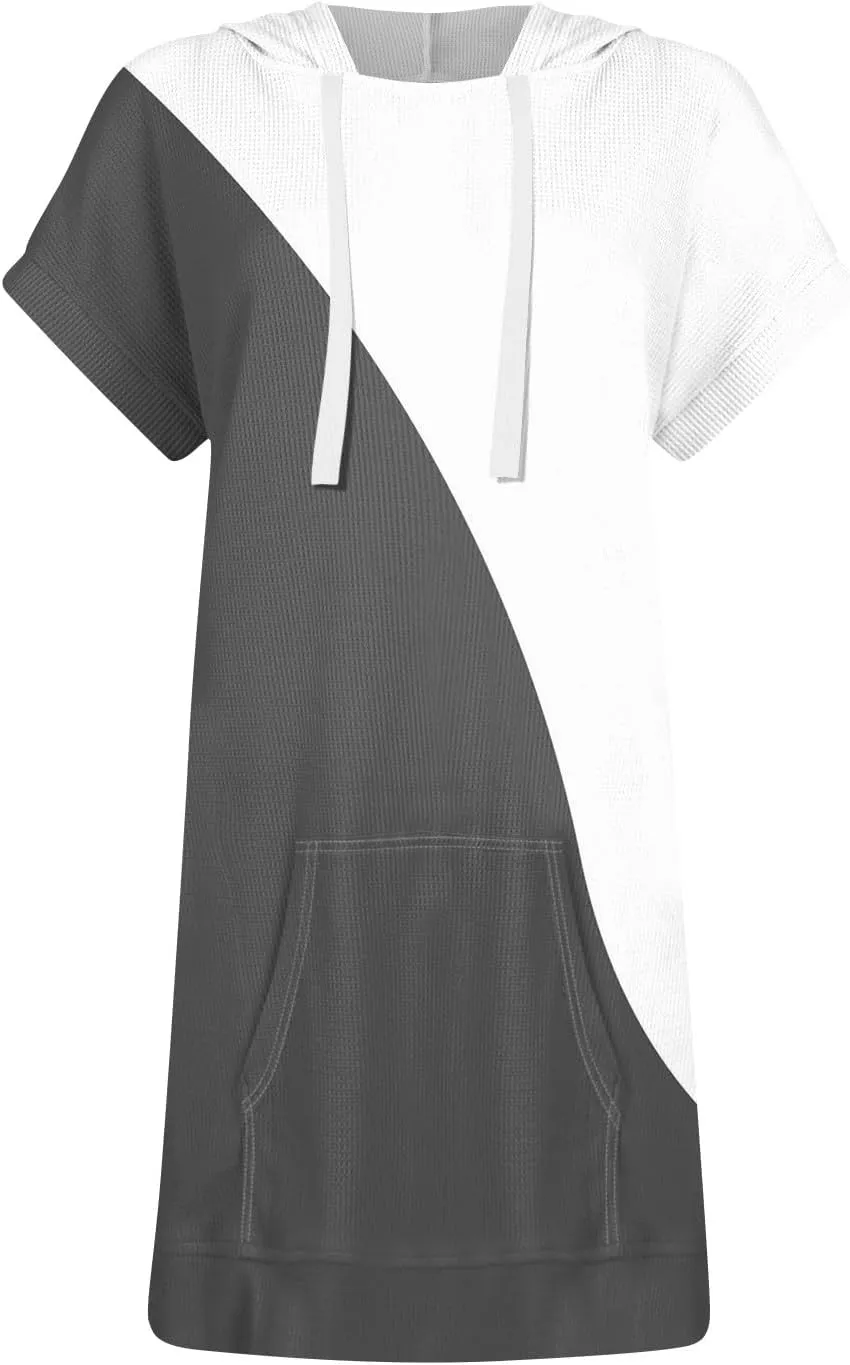 Womens Summer Waffle Short Sleeve Long Shrits With Pockets Oversized Hoodies Tunics Or Tops To Wear With Leggings