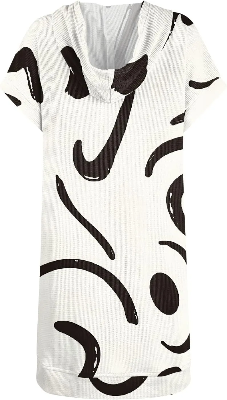 Womens Summer Waffle Short Sleeve Long Shrits With Pockets Oversized Hoodies Tunics Or Tops To Wear With Leggings