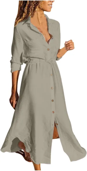 Womens Sun Dresses Sleeve Dresses Sun Dresses for Women Turtle Neck Linen Floral Midi Boho Shirt Sun Dresses