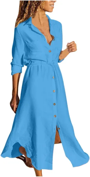 Womens Sun Dresses Sleeve Dresses Sun Dresses for Women Turtle Neck Linen Floral Midi Boho Shirt Sun Dresses