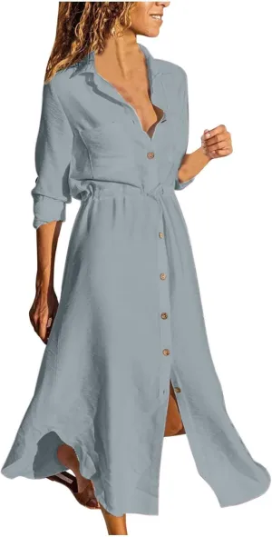 Womens Sun Dresses Sleeve Dresses Sun Dresses for Women Turtle Neck Linen Floral Midi Boho Shirt Sun Dresses