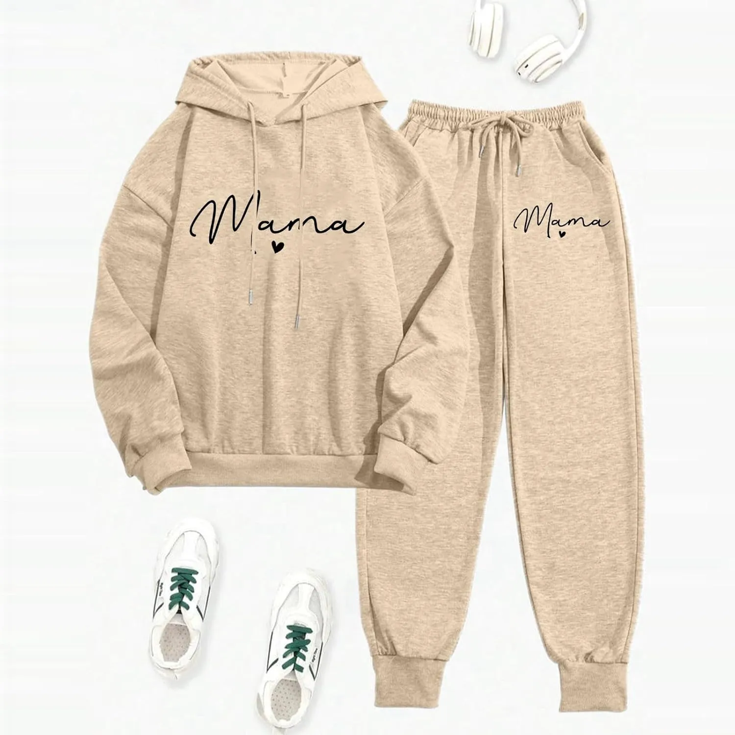 Womens Sweatsuits 2 Piece Lounge Set Mama Heart Print Hooded Sweatshirt Jogger Sweatpants Tracksuit with Pockets