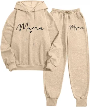 Womens Sweatsuits 2 Piece Lounge Set Mama Heart Print Hooded Sweatshirt Jogger Sweatpants Tracksuit with Pockets