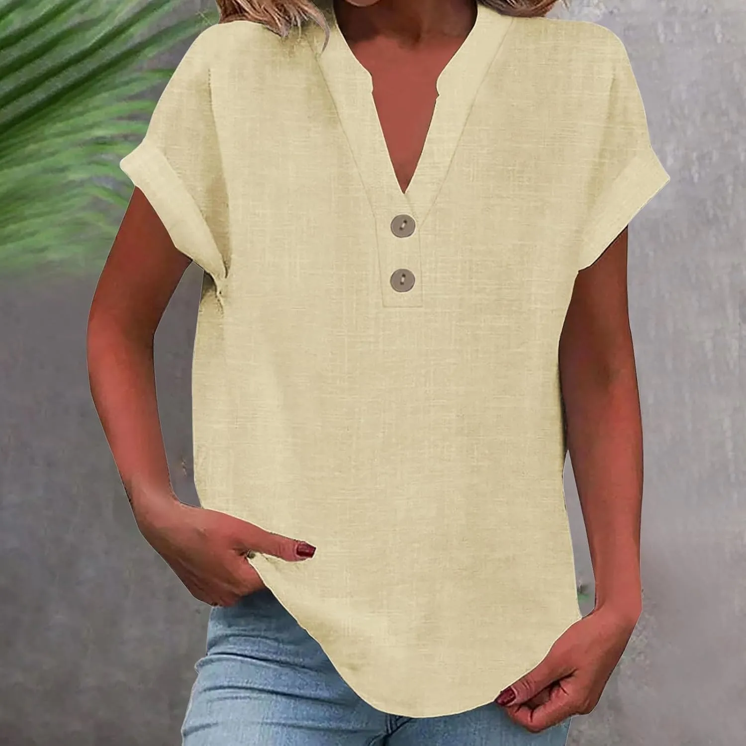 Womens Tops Dressy Casual Short Sleeve Button V Neck Henley T Shirts Solid Color Cotton Linen Summer Blouse Tees