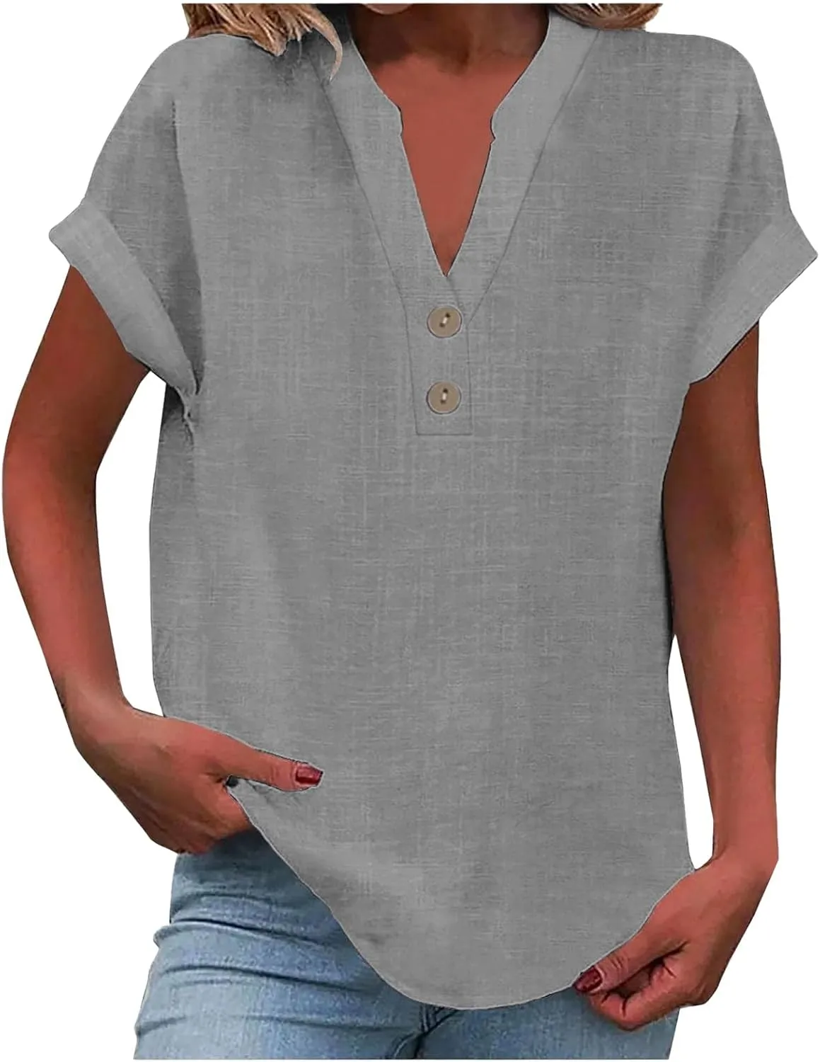 Womens Tops Dressy Casual Short Sleeve Button V Neck Henley T Shirts Solid Color Cotton Linen Summer Blouse Tees