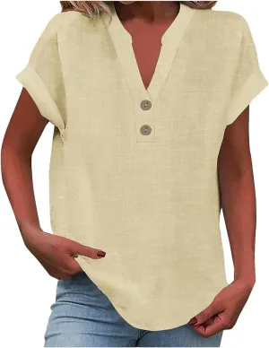 Womens Tops Dressy Casual Short Sleeve Button V Neck Henley T Shirts Solid Color Cotton Linen Summer Blouse Tees
