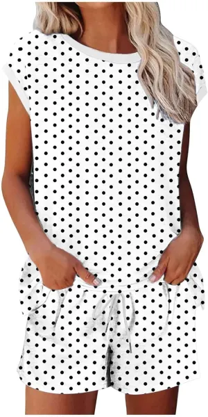 Women's Two Piece Polka Dot Lounge Set Summer Trendy Tee Shirts Drawstring Waist Shorts Matching Vintage Casual Outfit