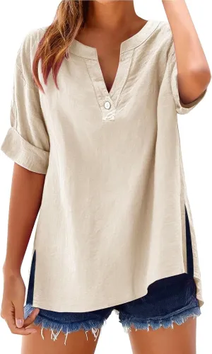 Womens V Neck Linen Henley Shirts 2025 Trendy Short Sleeve Button Summer Tee Blouses Loose Dressy Vacation Tunic Tops