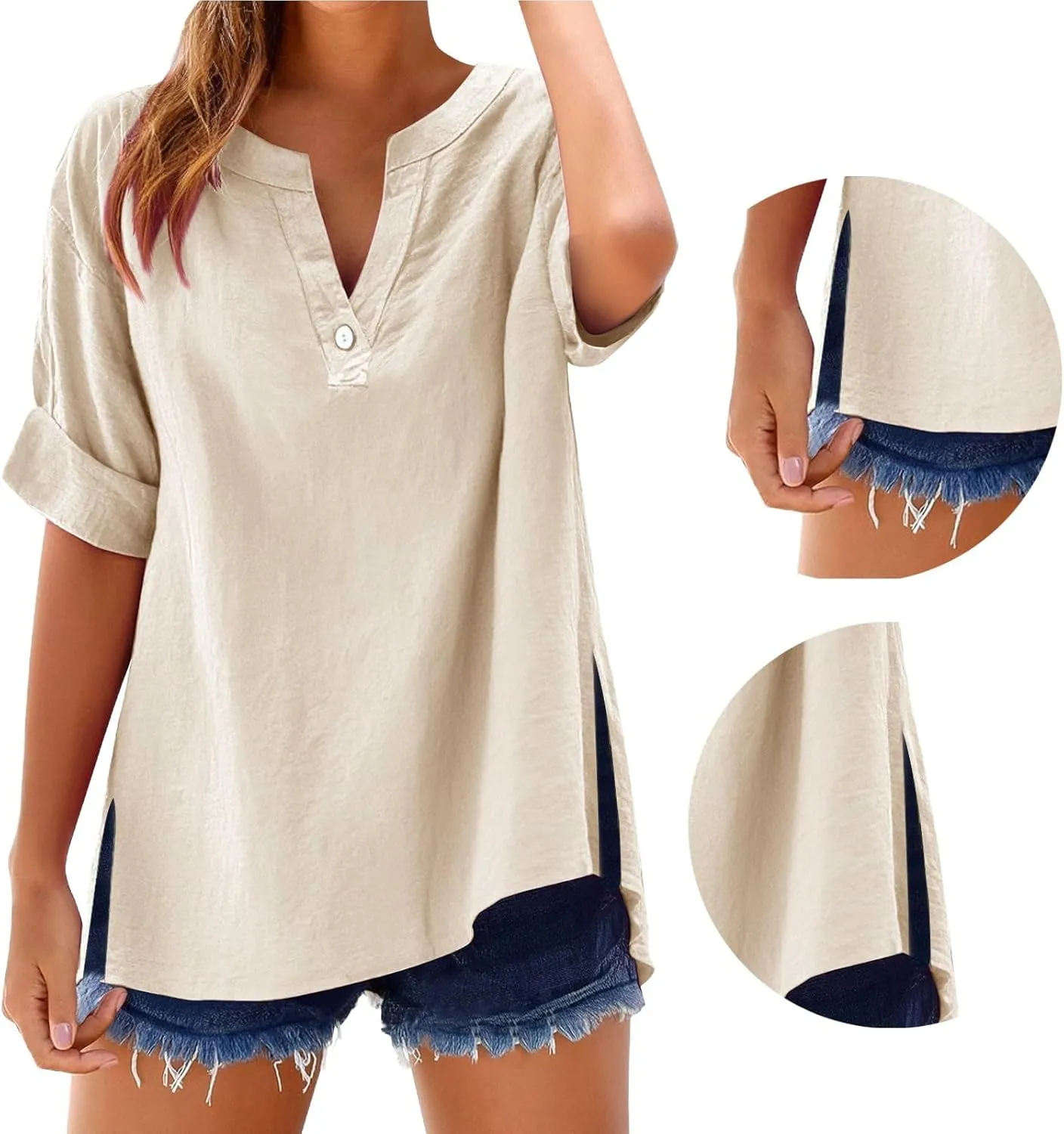 Womens V Neck Linen Henley Shirts 2025 Trendy Short Sleeve Button Summer Tee Blouses Loose Dressy Vacation Tunic Tops