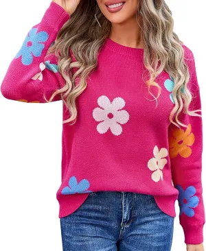 Women's Vintage Sweater Autumn Floral Printed Knitted Drop Shoulder Loose Tunics Casual Slouchy Crochet Sweater Tops