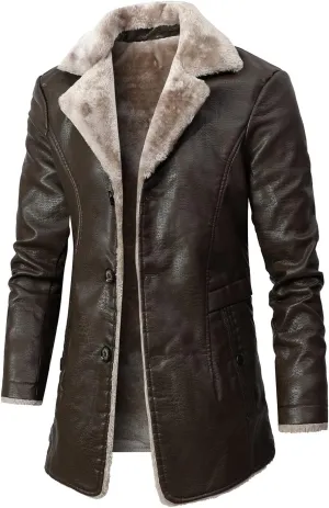 yardsong Men's Winter Coats Faux Fur Lined Faux Leather Casual Trench Coats Button Down Notched Lapel Collar Jackets