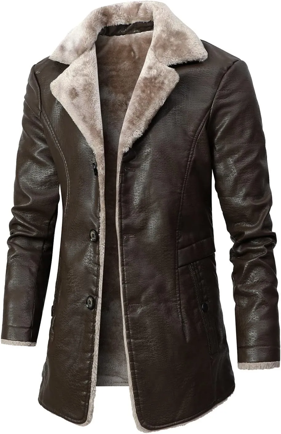 yardsong Men's Winter Coats Faux Fur Lined Faux Leather Casual Trench Coats Button Down Notched Lapel Collar Jackets