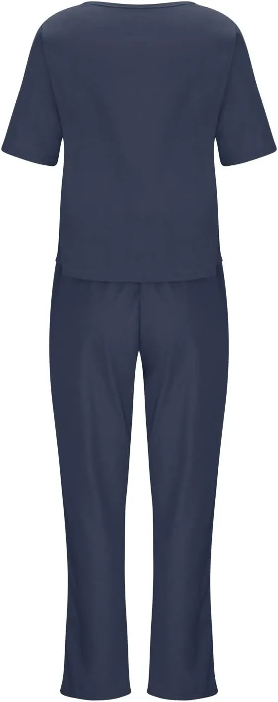 ZDRZK 2 Piece Outfits For Women Summer Cotton Linen Plus Size Short Sleeve Tops Belted Long Pants Jogger Sets